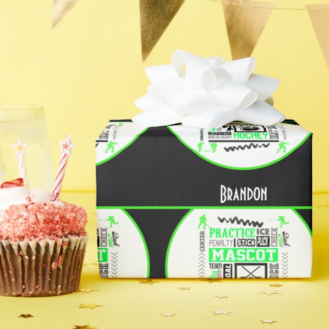 Boys Hockey Terminology Personalised Neon Green   Wrapping Paper (Birthday Party)