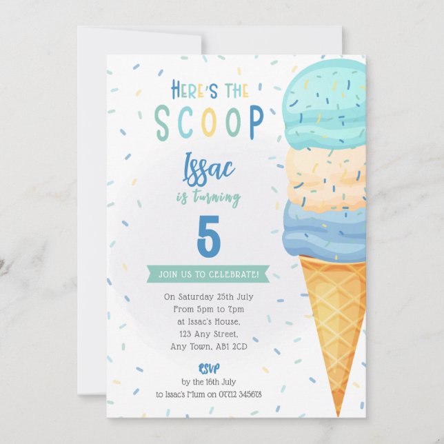 Boys Ice Cream Cone Invite - Blue Green Scoop (Front)