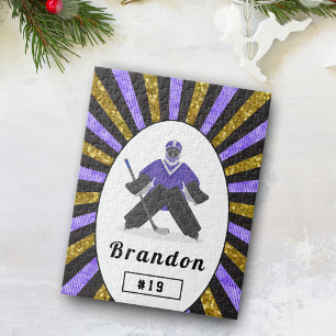 Boys Ice Hockey Player Name & Number Purple Gold Jigsaw Puzzle