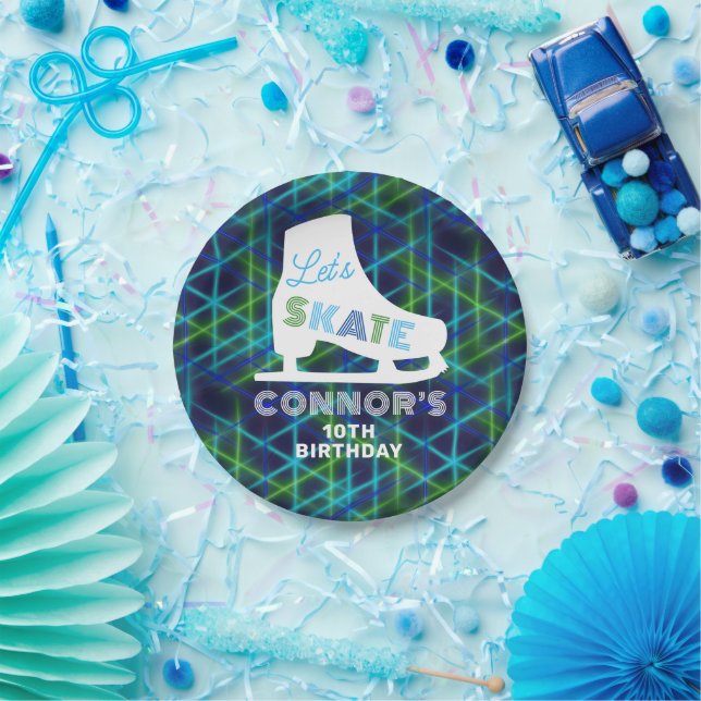Boys Ice Skating Birthday Party Neon Paper Plate (Party)
