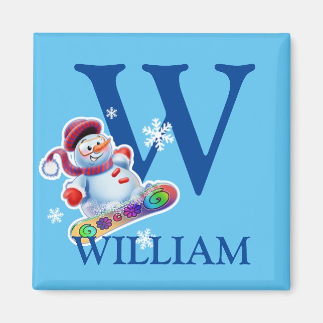 Boy's initial snowman fridge magnet (Front)
