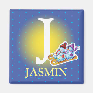 Boy's initial snowmen sledging fridge magnet