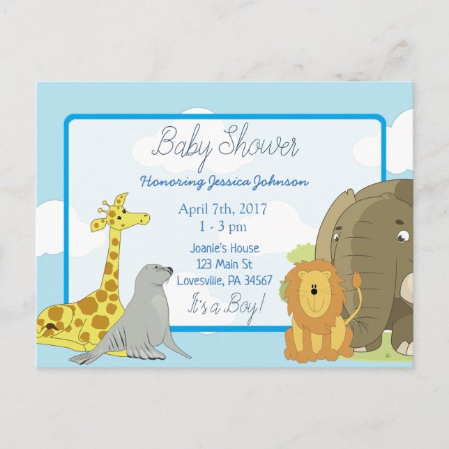 Boy's Jungle or Zoo Animals Themed Baby Shower Invitation Postcard (Front)