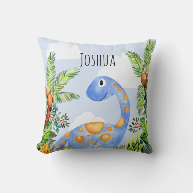 Boys Jungle Watercolor Dinosaur and Name Kids Cushion (Front)