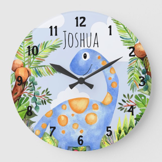 Boys Jungle Watercolor Dinosaur Name Kids Nursery Large Clock (Front)