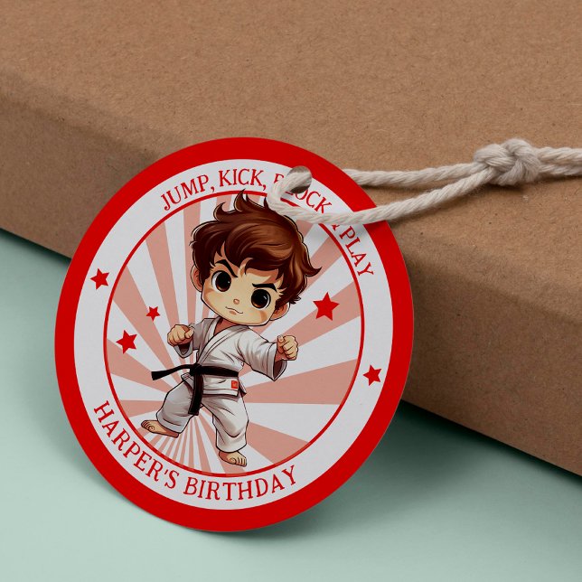 Boy's Karate Martial Arts Birthday Party Classic Round Sticker (Celebrate with kicks and birthday tricks! Kick up the fun with our Karate party supplies!)