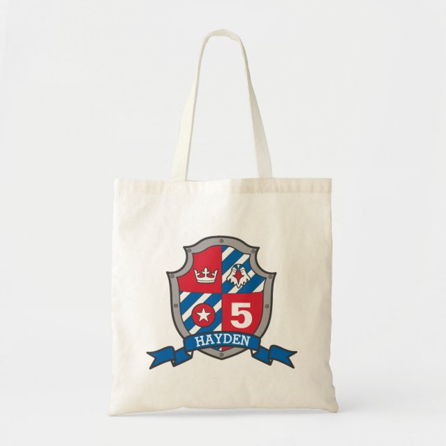 Boys kids knight shield name eagle blue red tote bag (Front)
