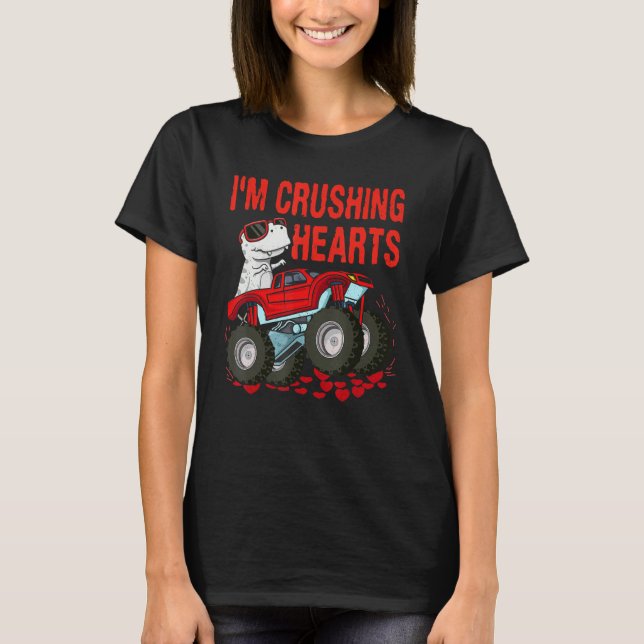 Boys Kids Valentines Day I Crush Hearts Funny Dino T-Shirt (Front)