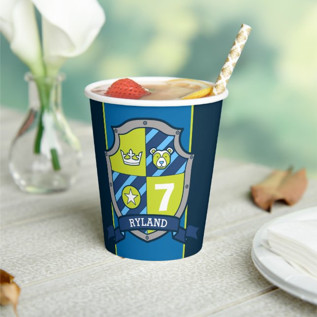 Boys knights birthday personalised blue kid party paper cups (Insitu)