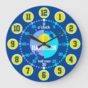 Boys learn to tell time blue green yellow tennis large clock