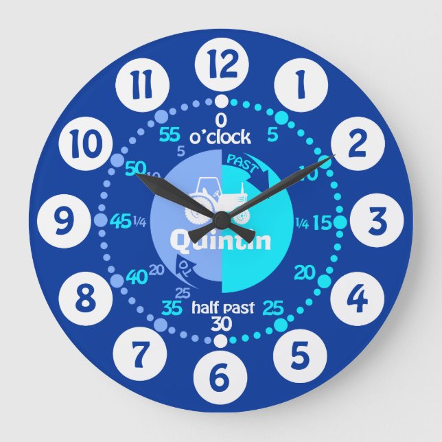 Boys learn to tell time blue name tractor clock (Front)