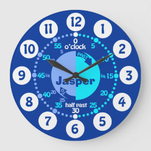 Boys learn to tell time blue named clock