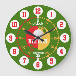 Boys learn to tell time green red name baseball large clock