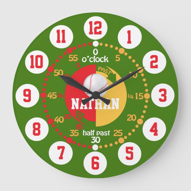 Boys learn to tell time green red name baseball large clock (Front)