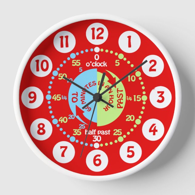 Boys learn to tell time red wall clock (Front)