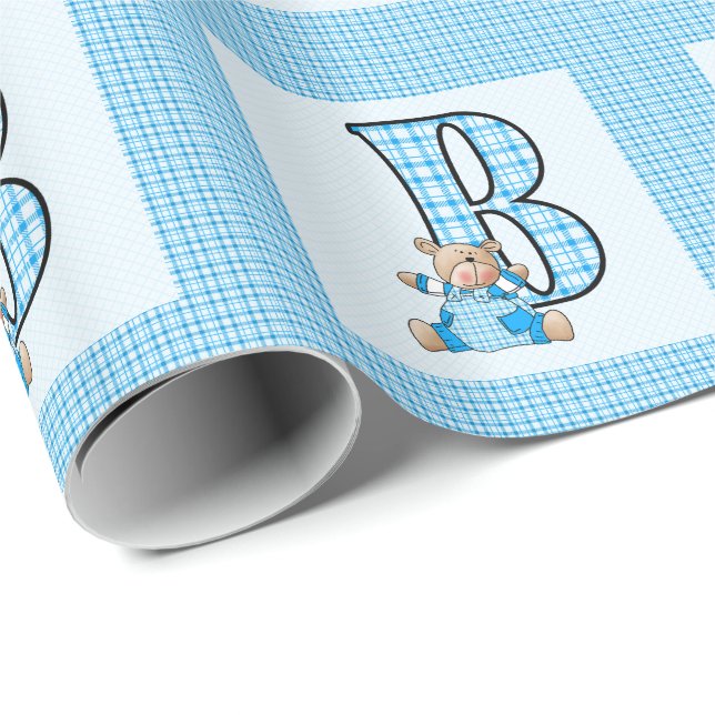 Boys Letter 'B' with Teddy Bear and Blue Gingham Wrapping Paper (Roll Corner)