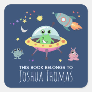 Boys Library Cute Space Alien Name Kids Bookplate Square Sticker