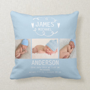 Boys Light Blue Photo Birth Announcement Cushion