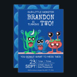 Boys Little Monster Doughnut Birthday Party Invitation<br><div class="desc">Have an adorable little monster in your life with a second birthday coming up? This design features a blue doughnut background, and three little monsters, green, red, and blue, who are ready for the birthday party to begin. Looks like they've already gotten into the doughnuts (or is it doughnuts?). Your...</div>