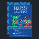 Boys Little Monster Doughnut Birthday Party Invitation<br><div class="desc">Have an adorable little monster in your life with a second birthday coming up? This design features a blue doughnut background, and three little monsters, green, red, and blue, who are ready for the birthday party to begin. Looks like they've already gotten into the doughnuts (or is it doughnuts?). Your...</div>
