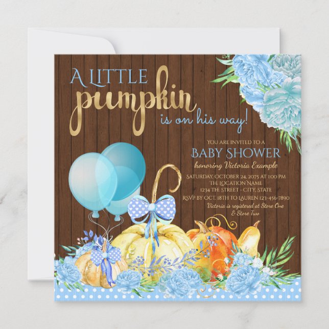 Boys Little Pumpkin Rustic Wood Fall Baby Shower Invitation (Front)