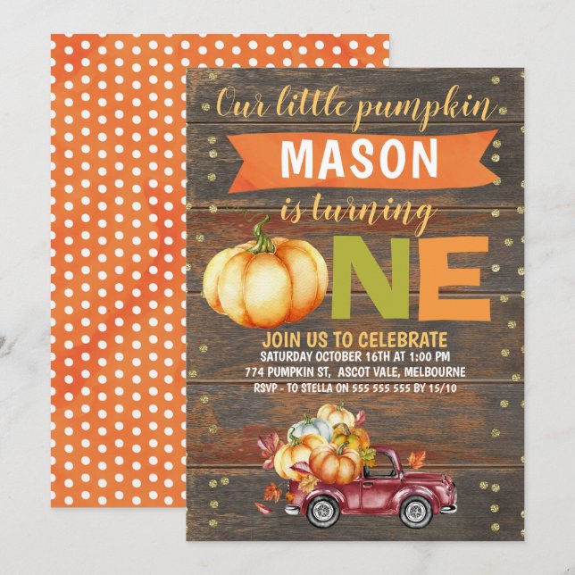 Boy's Little Pumpkin Truck 1st Birthday Invitation (Front/Back)