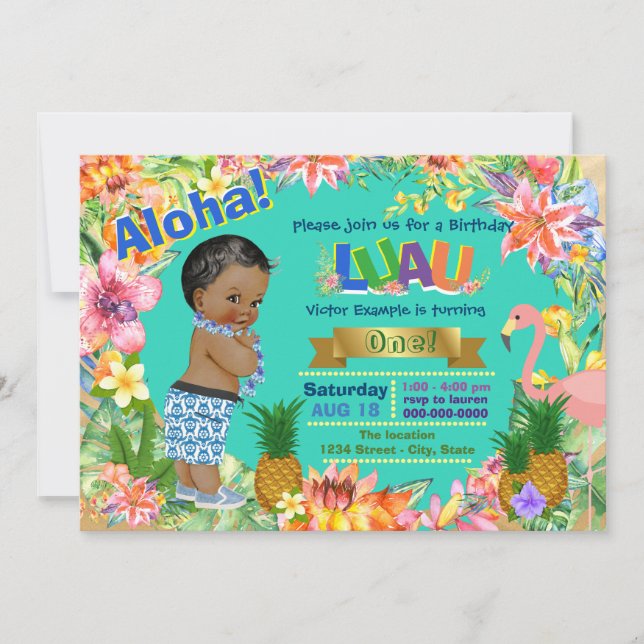 Boys Luau Birthday Party African American Luau Invitation (Front)