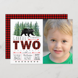 Boys Lumberjack Bear Photo 2nd Birthday Invitation