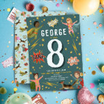 Boys Modern Action Superhero Kids Birthday Invitation<br><div class="desc">This cool and modern superhero-themed kids birthday invitation features a blue superhero cartoon design, with four unique superhero’s, a super action dog, comic book sounds, lightening bolts, and stars, with a matching pattern on the back. The invite can be personalised with your boys name and other details necessary for your...</div>