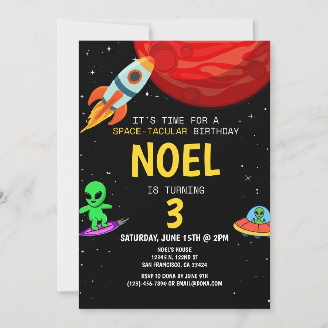 Boys Modern Alien Black Kids Birthday Invitation (Front)