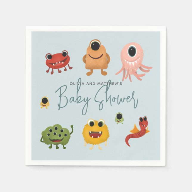 Boys Modern and Cute Colourful Monster Baby Shower Napkin (Front)