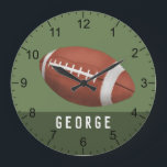 Boys Modern and Green Football Sports Kids Large Clock<br><div class="desc">This cute sports-themed boys clock design features an American football cartoon with numbers,  and can be personalised with your boys name. Perfect for sports-loving children. Great decor for a kid's room,  playroom,  or baby nursery!</div>