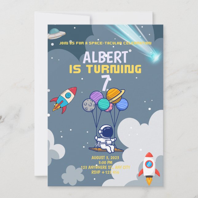 Boys Modern Astronaut Grey Kids Birthday Invitation (Front)