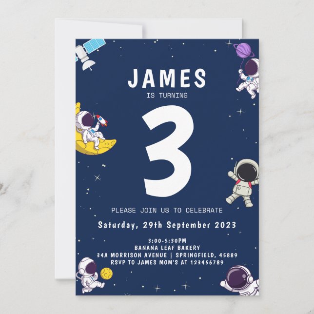 Boys Modern Astronaut Navy Kids Birthday Invitation (Front)
