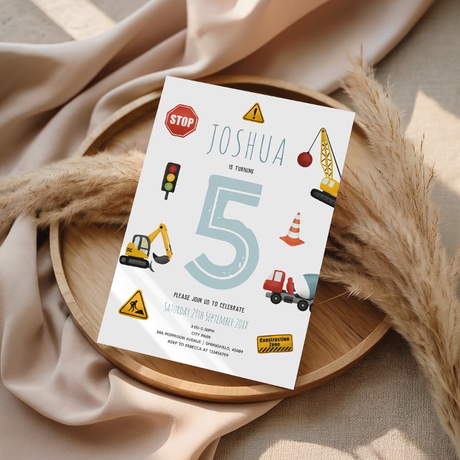 Boys Modern Blue Construction Kids Birthday Invitation (Creator Uploaded)