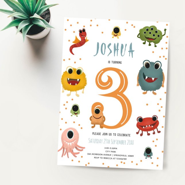 Boys Modern Blue Monster Alien Kids Birthday Invitation (Creator Uploaded)