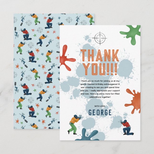 Boys Modern Blue Paintball Kids Birthday Thank You Card (Front/Back)