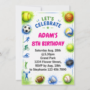 Boys Modern Blue Sports Kids Birthday Invitation