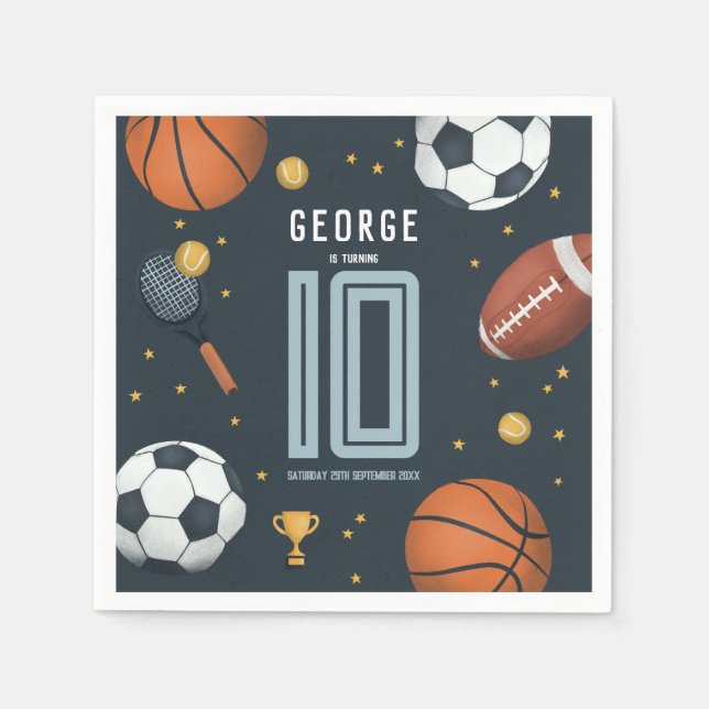 Boys Modern Blue Sports Kids Birthday Napkin (Front)