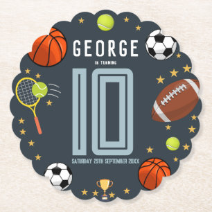 Boys Modern Blue Sports Kids Birthday Paper Coaster