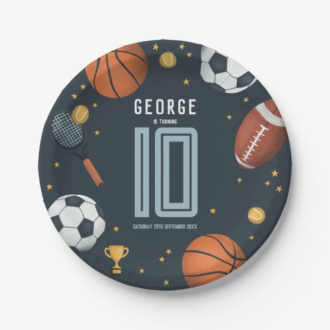 Boys Modern Blue Sports Kids Birthday Paper Plate (Front)