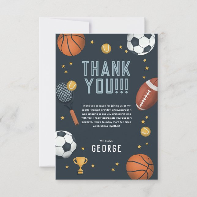 Boys Modern Blue Sports Kids Birthday Thank You Card (Front)