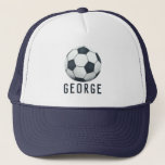 Boys Modern Blue Sporty Soccer Kids Trucker Hat<br><div class="desc">This cute and modern trucker hat features a soccer ball illustration and space for you to add a name. Perfect for sports lovers or gift for a budding athlete. Great for kids or adults,  the perfect soccer coach gift!</div>