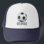 Boys Modern Blue Sporty Soccer Kids Trucker Hat<br><div class="desc">This cute and modern trucker hat features a soccer ball illustration and space for you to add a name. Perfect for sports lovers or gift for a budding athlete. Great for kids or adults,  the perfect soccer coach gift!</div>