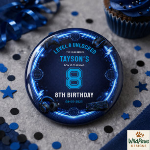 Boys Modern Cool Blue Gaming 8th Birthday Party 3 Cm Round Badge