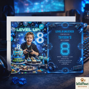 Boys Modern Cool Blue Gaming 8th Birthday Party Invitation