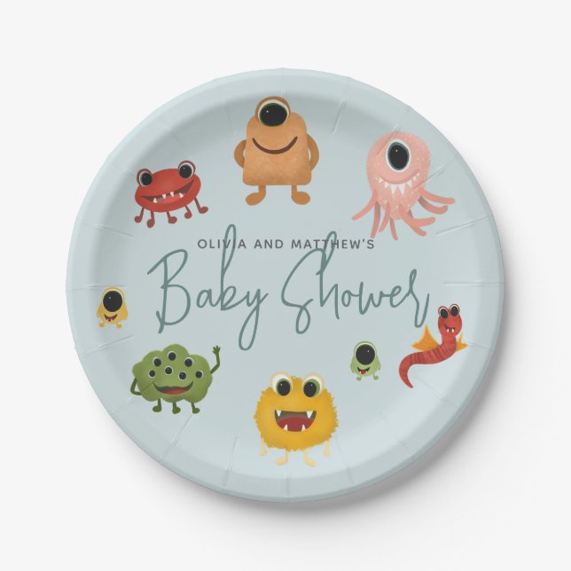 Boys Modern Cute Colourful Monster Baby Shower Paper Plate (Front)