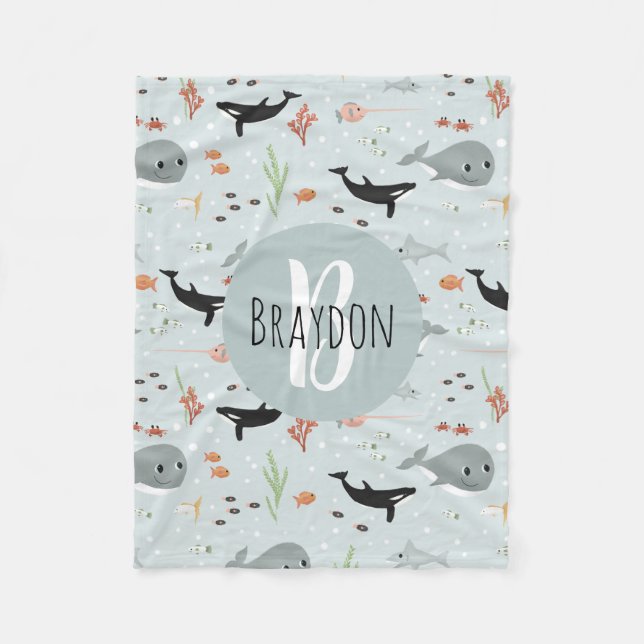 Boys Modern Ocean Whale Pattern Monogram Kids Fleece Blanket (Front)