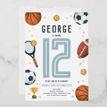 Boys Modern Sports Star Kids<br><div class="desc">This cute and modern sports-themed kids gold foil birthday invitation design features a sports cartoon design, with a basketball, football, soccer ball, tennis racket, trophy, and golden stars. The invite can be personalised with your boys name and other details necessary for your party. The perfect sports-themed addition to your child's...</div>