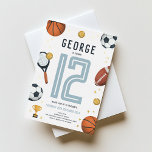 Boys Modern Sports Star Kids<br><div class="desc">This cute and modern sports-themed kids gold foil birthday invitation design features a sports cartoon design, with a basketball, football, soccer ball, tennis racket, trophy, and golden stars. The invite can be personalised with your boys name and other details necessary for your party. The perfect sports-themed addition to your child's...</div>